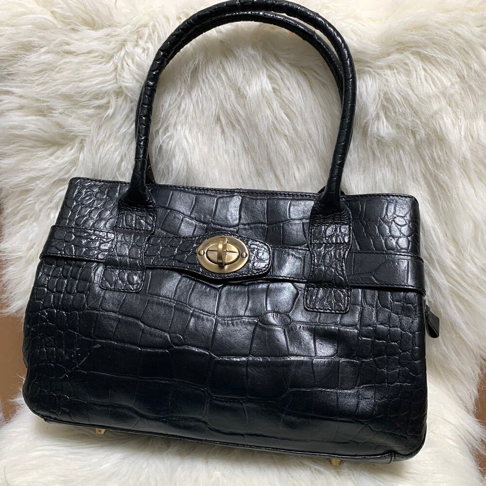 MICHAEL ROME Designs Black Croc Embossed Italian Leather Satchel w/Turnlock Trim
